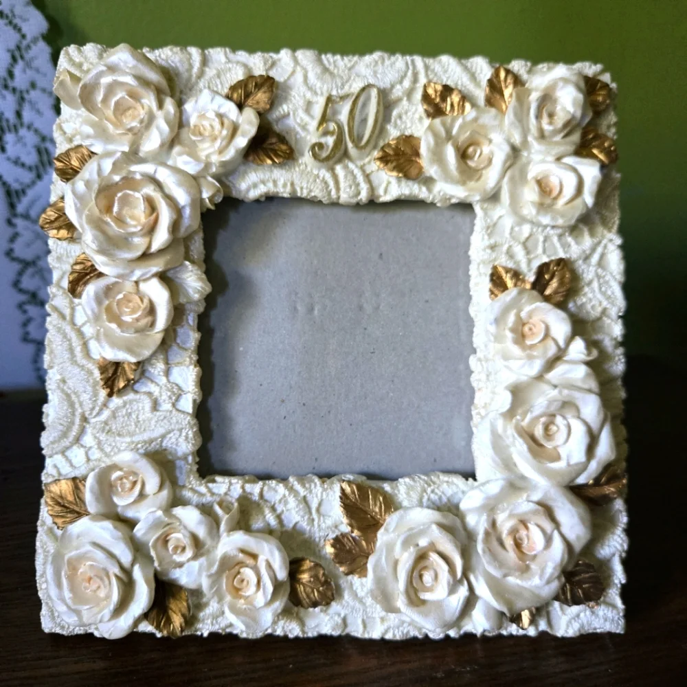 Ganz Elegant 50th Anniversary Frame In Cream Roses and Gold Leaves